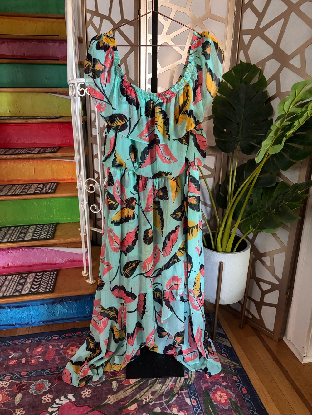 NWT Express Tropical Maxi Dress XL Mint Floral Off Shoulder Ruffle